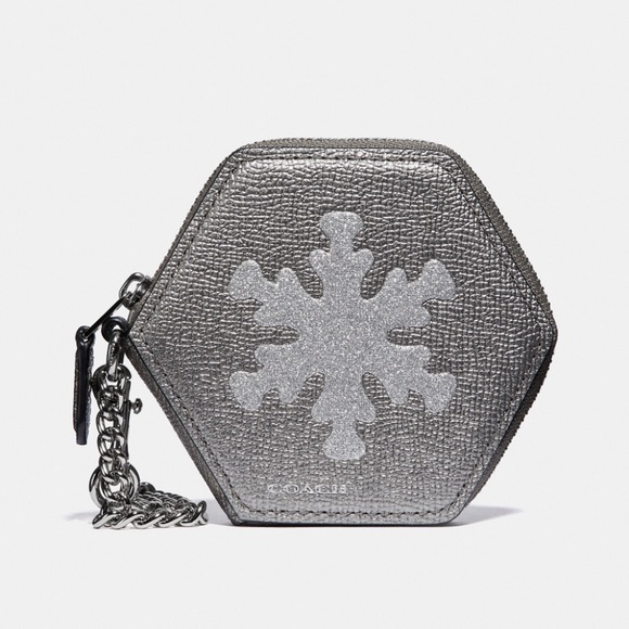 Coach Handbags - COACH Metallic Sparkly Silver Snowflake Zip Coin Purse with Chain Wristlet NEW